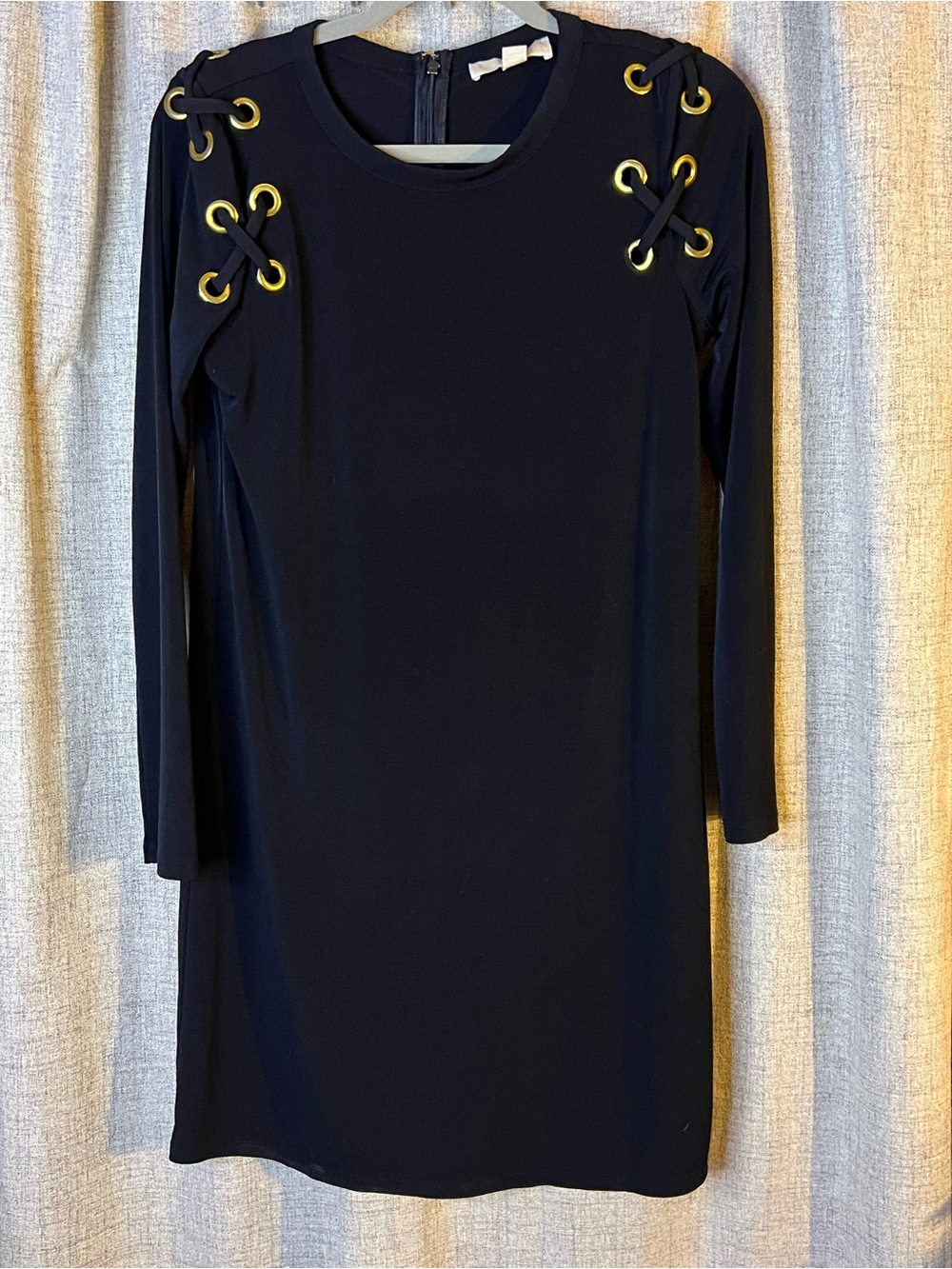 Michael Kors Black Shift Dress Lace Up Shoulder Gold Grommet Detail Mob Wife